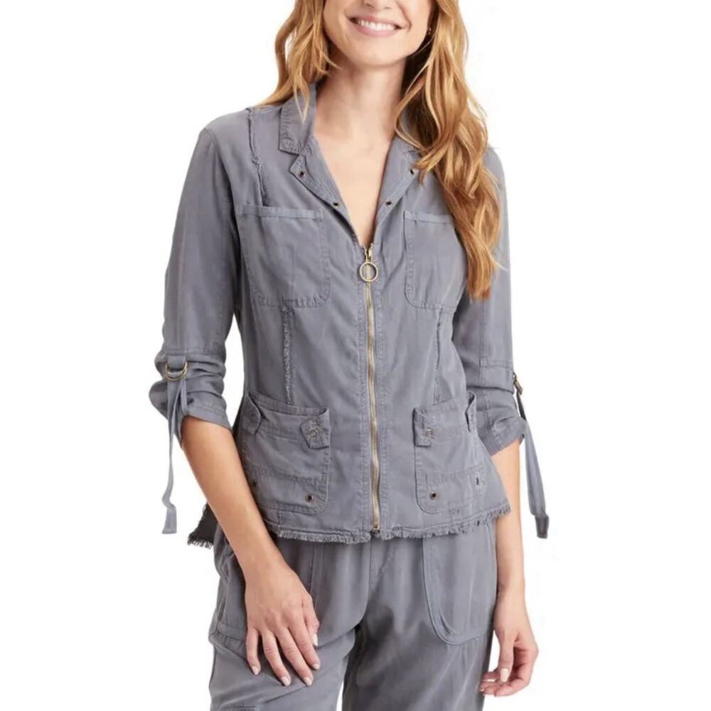 XCVI Women Raphael Jacket Blazer Blue Grey Zip Front Cargo Utility Raw Hem M NWT